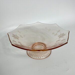 Depression Glass Pink Console Compote Footed Fruit Bowl Octagon Etched Flowers